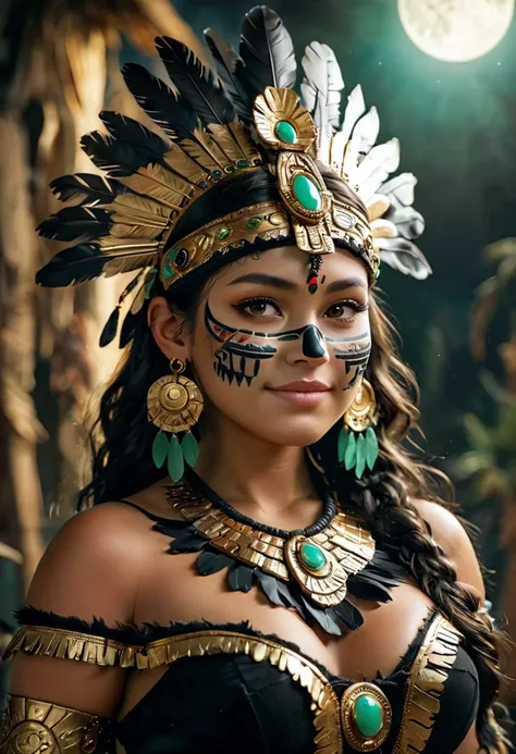 (medium full shot) of (powerful Aztec) young woman, full-figured build, wearing an aztec black noble attire with gold and jade accents , decorated moccasins, animal mask, feathered earrings, set in the aztec era, in  , under the moonlight, woman smiling, ,Masterpiece,best quality, photo, realistic, very aesthetic, detailed face,