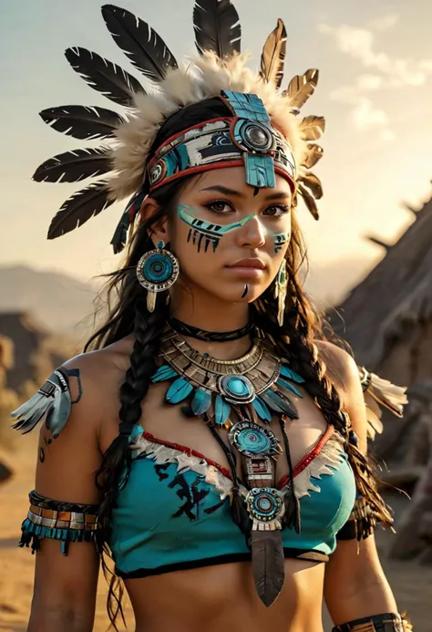 (medium full shot) of (majestic Aztec) young woman, busty build, wearing an aztec turquoise ceremonial outfit with detailed patterns , woven footwear, jaguar pelt, ceremonial nose ring, set in the aztec era, in  a legendary battle scene, showcasing heroic duels, thunderous roars, tactical brilliance, determined faces, during sunset, woman smiling, ,Masterpiece,best quality, photo, realistic, very aesthetic, detailed face,