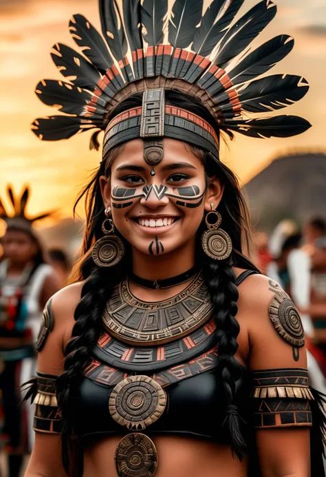 (medium full shot) of (imposing Aztec) young woman, Average build, wearing an aztec black ceremonial outfit with detailed patterns , hide sandals, aztec tattoos, ceremonial nose ring, set in the aztec era, in  a grand procession, showcasing elaborate attire, spiritual leaders, dynamic performances, festive energy , during sunset, woman smiling, ,Masterpiece,best quality, raw photo, realistic, very aesthetic