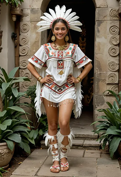 (medium full shot) of (legendary Aztec) young woman, lithe build, wearing an aztec white embroidered tunic, feathered loincloth, decorated moccasins, ceremonial shield, gold earrings, set in the aztec era, in  a regal estate, with majestic courtyards, lavish decorations, royal statues, verdant landscapes, under the moonlight, woman smiling, ,Masterpiece,best quality, photo, realistic, very aesthetic, detailed face,