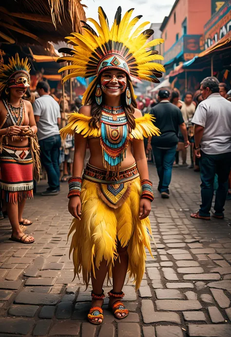 (medium full shot) of (legendary Aztec) young woman, Medium build, wearing an aztec yellow feathered costume with intricate designs , feathered sandals, animal mask, feathered earrings, set in the aztec era, in  a traditional market, featuring elaborate wares, spirited crowds, vibrant colors, aromatic street food, at dawn, woman smiling, ,Masterpiece,best quality, raw photo, realistic, very aesthetic