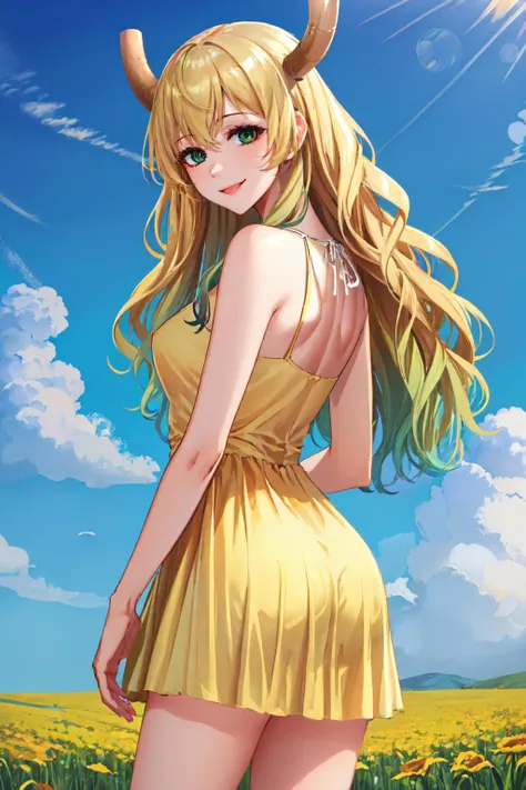 (masterpiece, best quality:1.2), solo, 1girl, lucoarnd, smile, looking back, horns, heterochromia, yellow sundress, flower field <lora:maidragon_lucoa-17:1> <lora:YellowSundress-45:1>