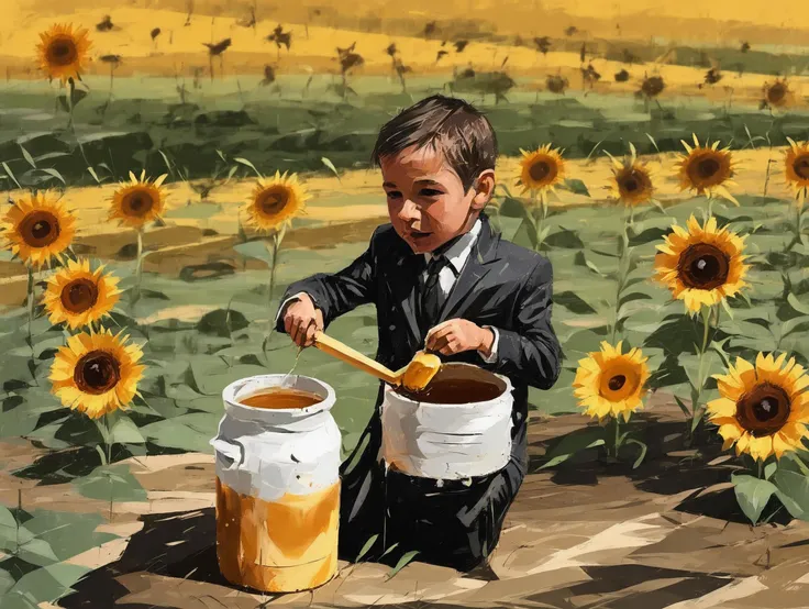 (Foreground: one small ???, wearing a suit,  ((bees)) are on him), the kid standing up holding a honey pot. perfect composition, masterpiece, best quality, [:cinematic lighting:.35] (background: a field of sunflowers flowers), Digital art of <lora:AshleyWoodArtAIcc:1.2>, mixed with the art style of  <lora:albeniz-rodriguez-style-1024:1>