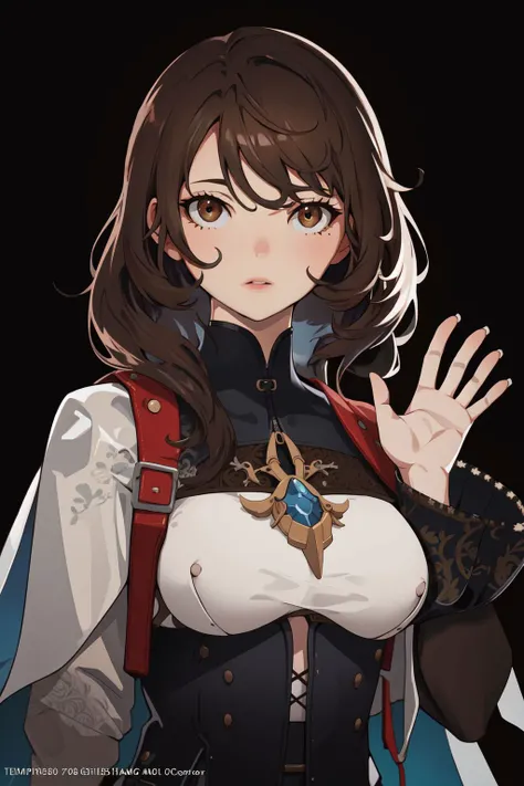 (masterpiece, best quality), intricate details, 8k, artstation, wallpaper, official art, splash art, sharp focus, 1girl, brown hair, waving,