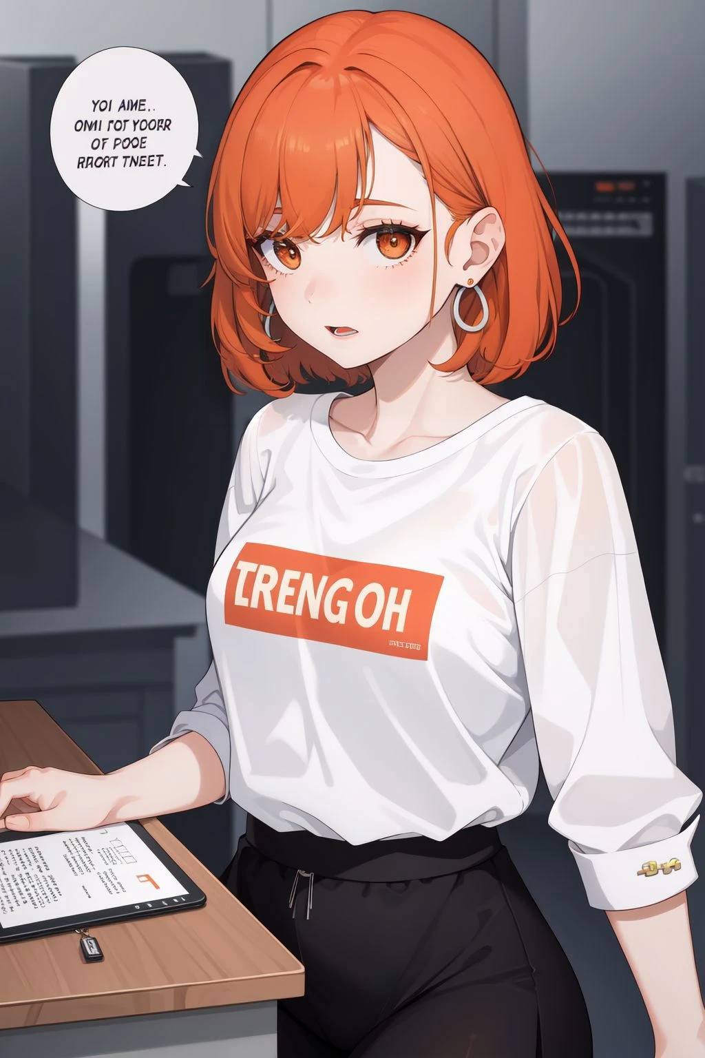 1girl, jewelry, jewelry, earrings, solo, clothes writing, shirt, 1girl, english text, orange hair, parody, open mouth