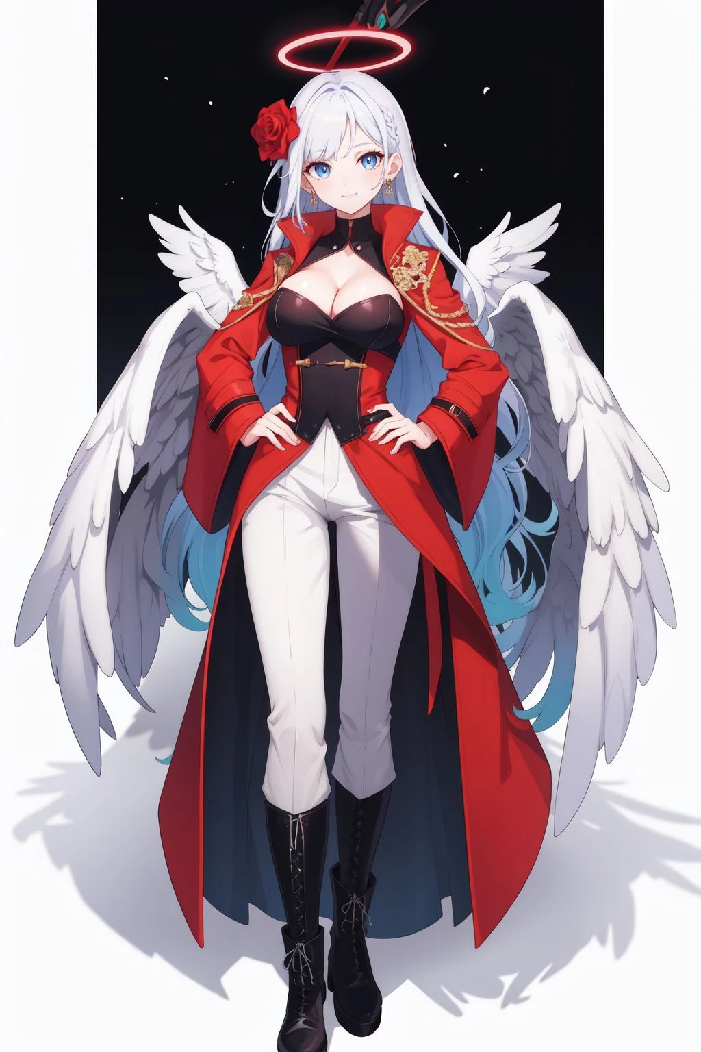 1girl, solo, blue eyes, wings, flower, rose, long hair, white background, hand on hip, full body, breasts, blue hair, halo, smile, looking at viewer, cleavage, boots, pants, holding, red rose, red flower, simple background, coat, long sleeves, white hair, standing, clothing cutout, gradient hair, multicolored hair, medium breasts, white wings, cleavage cutout, weapon, earrings