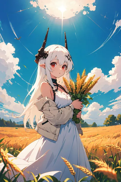 <lora:mudrock-03:0.7> mudrock, large breasts, red eyes, white hair, horns, long hair, white sundress, jacket on shoulders, wheat field, hops, fisheye, masterpiece, best quality, highres