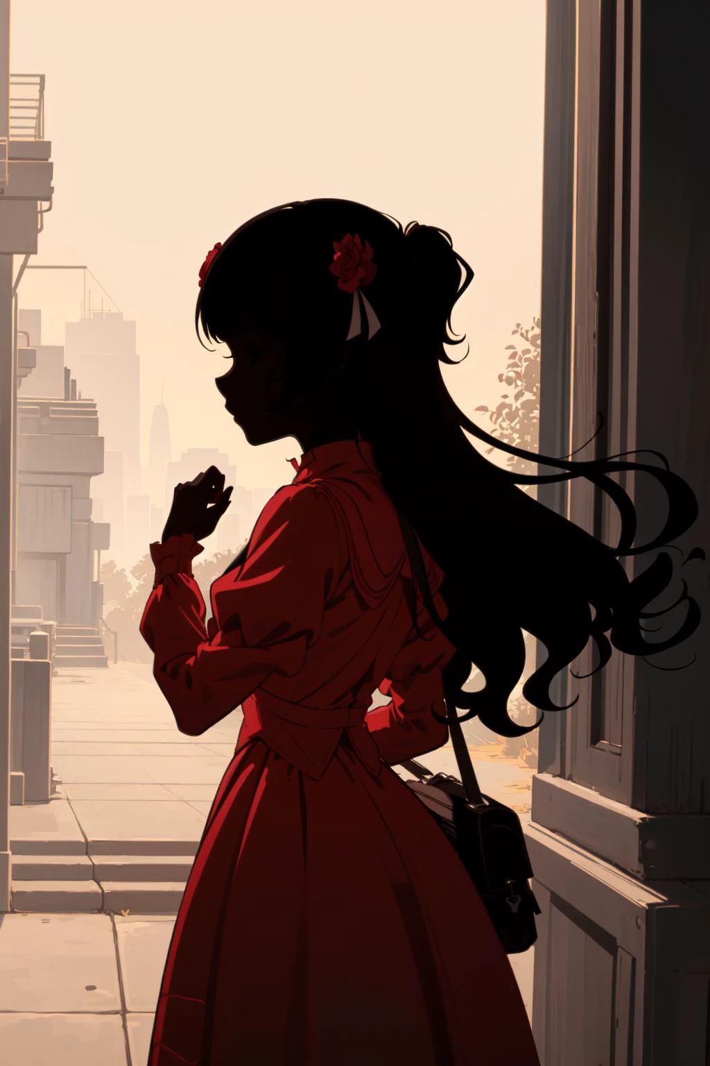 (best art ,illustration,masterpiece,best quality:1.35),
solo, perfect hands,perfect fingers,flirting with viewer,cinematic composition, <lora:katev1:0.8> frilled dress, hair ribbon, (black skin:1.2), hair flower, black hair, long hair, red dress, kate, silhouette, dark silhouette