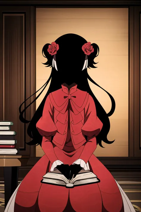 1girl, masterpice, high quality, high detailed, (solo), frilled dress, hair ribbon, ((black skin)), hair flower, black hair, long hair, red dress, kate, red sleeves, <lora:kate-08:0.7>, room, sitting, cup, book, table, looking at viewer, ((black face))