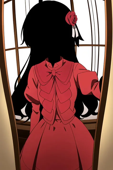 1girl, masterpice, high quality, high detailed, (solo), (((black skin))), frilled dress, hair ribbon, hair flower, black hair, long hair, red dress, kate, <lora:kate-08:0.7>, ((black face)), ((no eyes)), (room), (medium breasts), ((pov)), ((selfie)), ((no mouth))