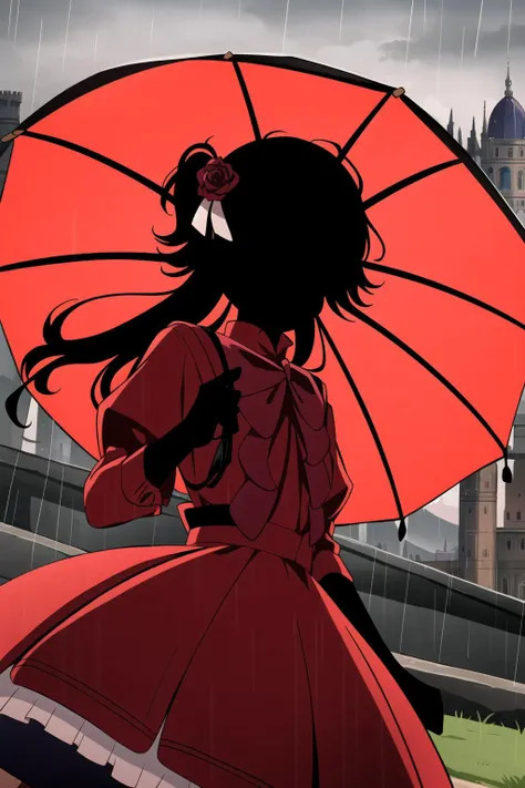 1girl, masterpice, high quality, high detailed, (solo), frilled dress, hair ribbon, (((black skin))), hair flower, black hair, long hair, red dress, kate, red sleeves, <lora:kate-08:0.7>, castle, rain, dynamic pose, red umbrella, ((black face)), ((no eyes))