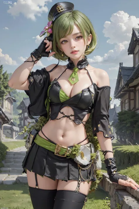 ,(8k, RAW photo, best quality, masterpiece:1.2), High detail RAW color photo, professional photograph
,(realistic, photo realistic:1.35), ((best quality)), (masterpiece:1.5), (best quality:1.2),(cinematic light),cowboyshot
<lora:Aragonese_v1:0.65> (Aragonese,green hair, short hair, hat ,black dress, miniskirt,black thighhighs,boots,bare shoulders,black sleeves,navel,Black fingered gloves:1.1),holding whip
,(ultra-detailed green hair, many detailed tangle hair streak:1.2)
,Japanese castle background