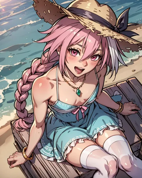 masterpiece, best quality, 1boy, Astolfo, feminine, long braid, braid, hair between eyes,pink eyes, long hair,intricane ornate (green) summer dress,embroidery,frills, large straw hat,fruit basket, <lora:Astolfo:0.75>,white stockings,skindentation, flat chest, sitting, from above, pov, dutch angle, solo, villiage, gem necklace, bracelets, happy, smiling, open mouth, blushing, nipple slip, (otoko no ko), <lora:OTO:0.5>, cinematic lighting