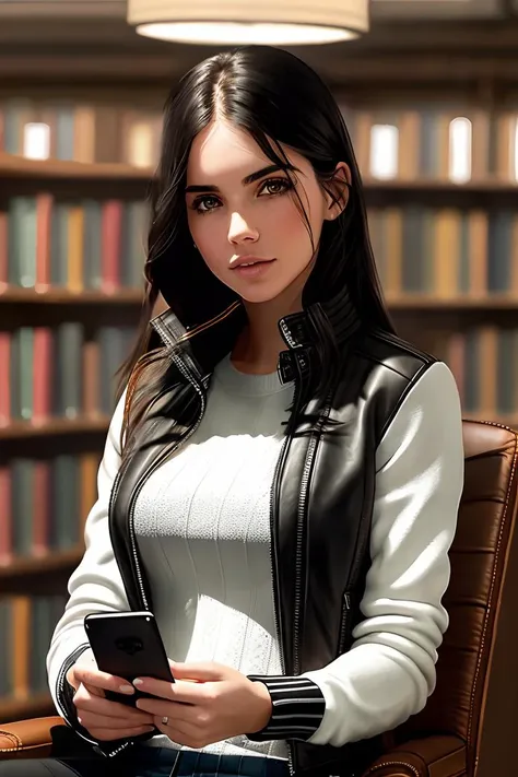 photo of (stephgonz:0.98), a woman in a (leather jacket:1.2), (wearing a striped sweater:1.2), modelshoot style, (extremely detailed CG unity 8k wallpaper), photo of the most beautiful artwork in the world, professional majestic oil painting by Ed Blinkey, Atey Ghailan, Studio Ghibli, by Jeremy Mann, Greg Manchess, Antonio Moro, trending on ArtStation, trending on CGSociety, Intricate, High Detail, Sharp focus, dramatic, photorealistic painting art by midjourney and greg rutkowski, (holding a cell phone:1.1), (sitting on a chair:1.2), (in a library:1.3), (looking at viewer), (detailed pupils:1.3)