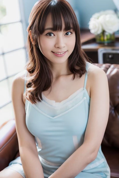 there a woman that smiling and posing for a picture, clothed in white shirt, friendly seductive smile, wearing white shirt, with a seductive smile, nishimiya shouko, wearing white camisole, japanese goddess, in white clothes, cute seductive smile, smooth white surroundings, seductive smile, busty, dressed in white, chiho ashima