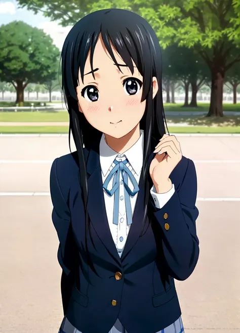 (realistic:1.5) photo, (full body), masterpiece, highest quality, high detail, (cinematic light:1.1), (detailed face and eyes:1.1), ((Date)), (((Mio Akiyama in the park))), ((a navy blue blazer with blue narrow ribbon)), a solid white buttoned shirt under the blazer, a light steel blue pleated skirt, (POV:1.8), close up:1.5, teen girl, solo focus, sfw, 1girl, schoolgirl, (cute face:1.1), (blush:1.1), (medium sized breasts:0.7),  intricate, (shy:1.7), blush, (embrassed:1.6),  (long black hair),  <lora:MioAkiyama:0.5>