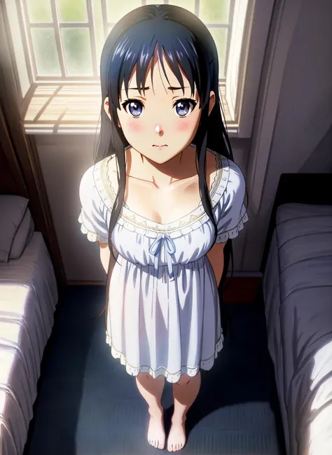 (((POV))), (((view from above))), (realistic:1.5) photo, (full body:1.7), ((((Mio Akiyama)))), (((bed))), (((1girl))), (((small cozy girl's bedroom))), (((nightdress))), ((((white nightgown)))), embarrassed look, looks away, ((masterpiece)), best quality, side view, ((dark gray-blue eyes)), (gray eyes:1.5) , long black hair, (shy:1.7), (blush:1.3), detailed lighting, (((medium breasts))), by Jeremy Lipking, by William Bouguereau, (by Alphonse Mucha:0.7), K-On!, Kyoto Animation, ((intricate details)), hdr, ((intricate details, hyperdetailed)), epic realistic, (dark shot:1.22), neutral colors, (hdr:1.4), (muted colors:1.4), (intricate), (artstation:1.2), dramatic, intricate details, (technicolor:0.9), detailed, [[rutkowski]], intricate, cinematic, detailed,  <lora:MioAkiyama:0.35>
