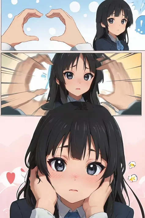<lora:SnootChallenge:1>, (masterpiece, highres, best quality:1.2), (((IncrsSnootChallenge, comic))), (3koma:1.4), (hands on another's face, pov hands), (puffy cheeks, pout, pouting), (blush:1.2), (1girl, solo, long hair,  blazer, black hair, blue neck ribbon, school uniform, winter uniform, grey eyes, sakuragaoka high school uniform), (shy, blush), <lora:MioAkiyama:0.7>