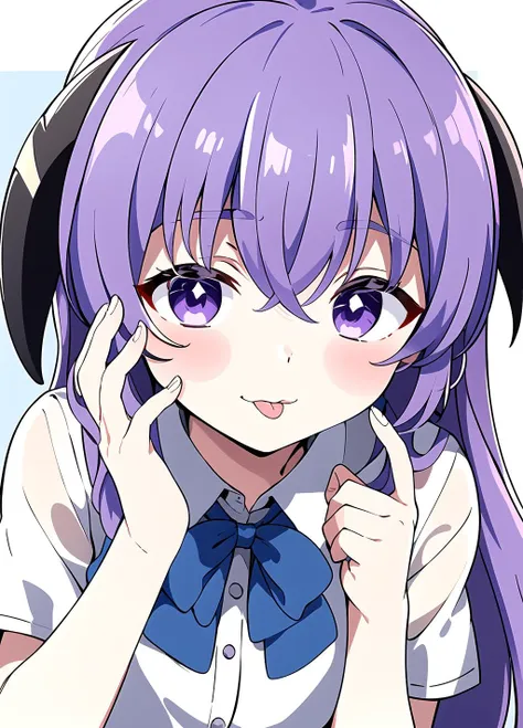 masterpiece, best quality, <lora:Hanyuu anylora13r30r37r-000006:0.7>, Hanyuu, 1girl, solo, tongue, tongue out, purple eyes, :p, horns, long hair, purple hair, looking at viewer, bow, shirt