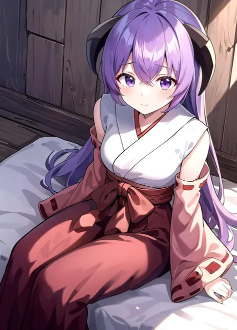 masterpiece, best quality, <lora:Hanyuu anylora13r30r37r-000006:0.7>, Hanyuu, 1girl, solo, purple eyes, horns, long hair, purple hair, looking at viewer,japanese clothes, miko, detached sleeves, hakama, hakama skirt, skirt, red hakama, ribbon-trimmed sleeves, sitting on the bed , drone pov, dutch angle, from above, looking at viewer