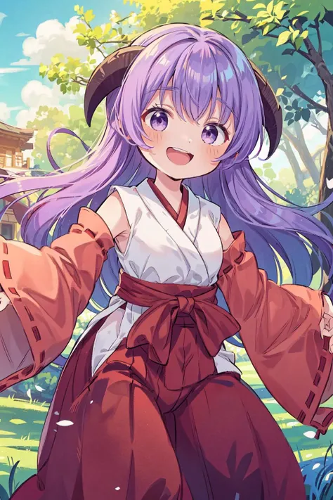 masterpiece,best quality,1girl,Hanyuu,purple eyes,horns,long hair,purple hair,japanese clothes,miko,detached sleeves,hakama,hakama skirt,skirt,red hakama,ribbon-trimmed sleeves,smile,open mouth,cute,spread arms,hands out of frame,outdoors,village,dutch angle,<lora:Concept-control tool-add_detail-CyberAIchemist:0.8>,<lora:Hanyuu anylora13r30r37r:0.7>,