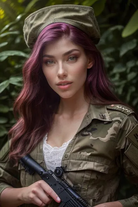DEN_milkimind_OF,
(a (soldier:1.1) in the jungle on manoeuvrers wearing (army fatigues:1.2) and holding a rifle, (camouflage:1.2), military, uniform, military, camouflage uniform:1.2),
bokeh, f1.4, 40mm, photorealistic, raw, 8k, textured skin, skin pores, intricate details <lora:epi_noiseoffset2:1>, epiCRealism <lora:ClothingAdjuster3:-1.3>
