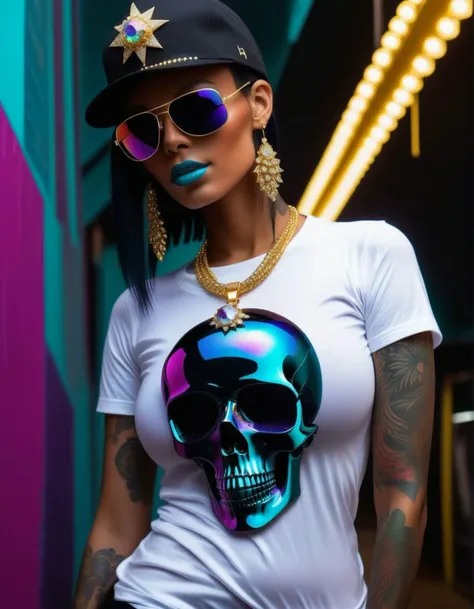 <lora:SkeletoNaut-000009:0.8> SkeletoNaut, black bling bling, Fitted Cap Tons of Jewelry Astral Aura <lora:w3t_SDXL:0.85> , w3t, wet tshirt, military