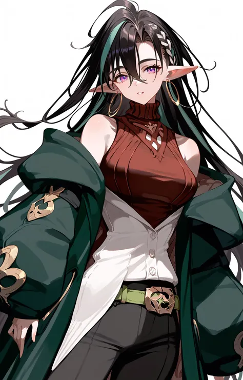 score_9,score_8_up,score_7_up,score_6_up,1girl,solo,pointy ears,mature female,long hair,purple eyes,black hair,streaked hair,earrings,multicolored hair,braid,hoop earrings,looking at viewer,very long hair,green hair,bare shoulders,hair between eyes,turtleneck,belt,shirt,open coat,sweater,(sleeveless sweater:1.1),black pants,green coat,long sleeves,white shirt,shirt_partially_tucked_in,ribbed sweater,puffy sleeves,earrings,turtleneck sweater,(white background:1.2),simple background,<lora:Verdilia-000028-Copy1:1>,