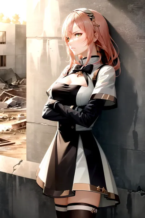 r93 glaring at you leaning against wall post-apocalypse, looking at viewer, [[lips]], [pink lips], expressionless, green eyes, closed mouth, head tilt, profile, pink hair, outdoors, dappled sunlight, <lora:r93GirlsFrontline_v10:1.0>