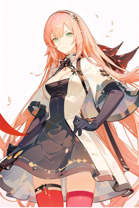 masterpiece, best quality, 1girl, R93, solo, green eyes, pink hair, (detailed face), (model shot, fashion model), cleavage cutout, white dress, thighhighs, very long hair, medium breasts, hairband, ribbon, thigh straps, (hand on own hip), skindentation, (cowboy shot), (looking at viewer:1.2), from below, (gradient background, grey background), close-up,