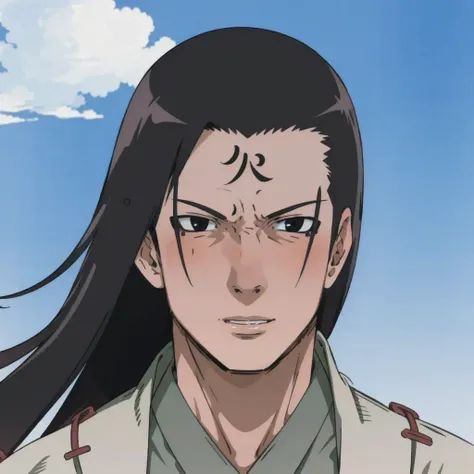 masterpiece, best quality, ultra-detailed, illustration, hashirama senju, long black hair, black eyes, up close, detailed, sky behind,