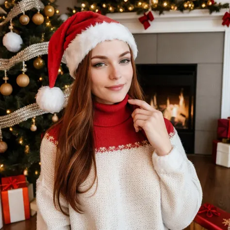 <lora:irenemeier_sd15_512_128_64_v1:1> irenemeier, 1girl, wearing a turtleneck sweater, cozy fireplace in background, wearing a christmas santa hat in red and white, blonde red hair