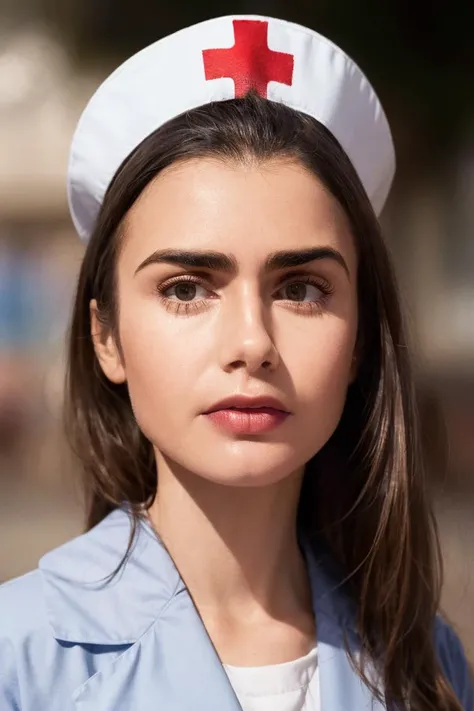 1girl, solo, face, nurse, scrub, frowning, hospital, blurry_background, bokeh, chromatic_aberration, depth_of_field, female focus, photorealistic, soft colors, masterpiece, high quality, (high detailed skin:1.1)
<lora:lily_collins_lora_v02:1> lily89
