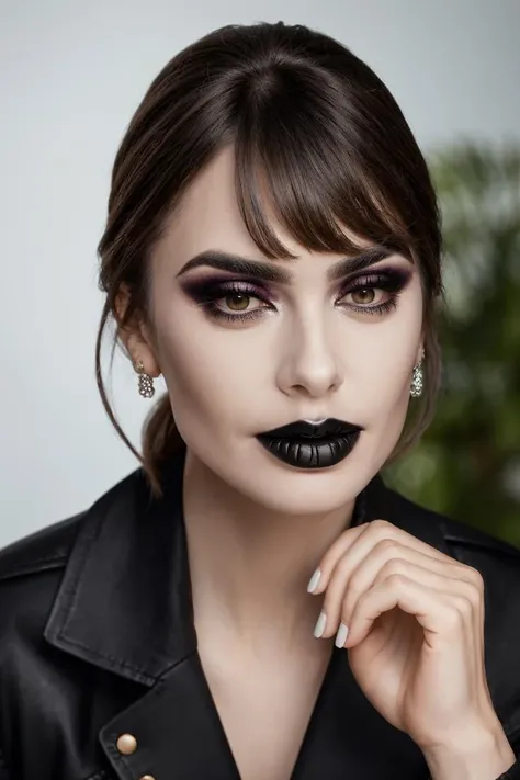 headshot, goth woman, goth makeup, bangs, black leather jacket and white tee, soft colors, bokeh, masterpiece, high quality, (high detailed skin:1.1)
<lora:lily_collins_lora_v01:1> l1lyco