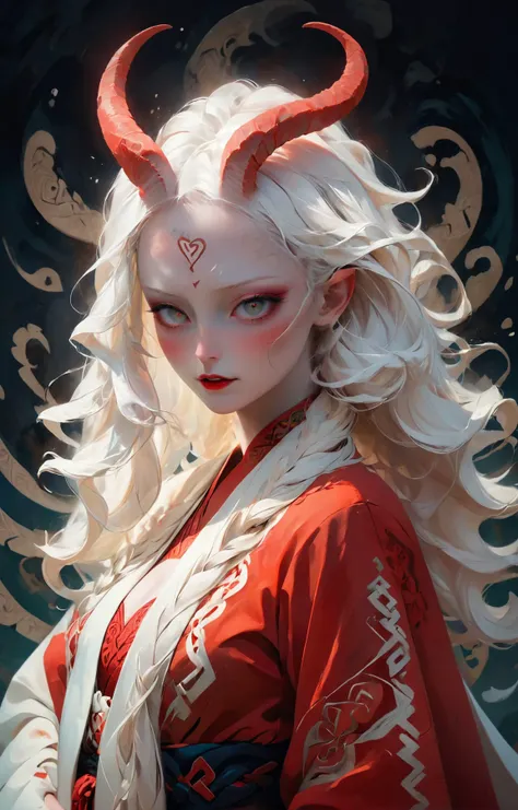 triadic colors, head and shoulders, flat color abstract gradient (by Melissa Launay) BREAK albino demon stunning Barbudan woman with a hungry expression (busty and curvy:1.8), long billowing blowing in the wind hair, viper eyes, red traditional japanese dress, (long intricate horns:1.2),  Style-GravityMagic, portrait, solo, upper body, looking at viewer, detailed background, detailed face, ( 1920s art deco theme:1.1), rune-wizard,    flowing robes, staff, runic scripture, dynamic pose, smirk,    celtic runes, geometric patterns, mystic aura, rune symbols in background,  shadows,  epic atmosphere, action scene, <lora:pale_demon:1>  BREAK colorful, illustration, gradient surreal fantasy <lora:xl_more_art-full_v1:0.5>