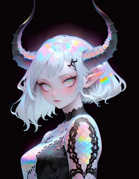 demon girl , prismatic coloring, holographic vibe, chromatic black lace blouse, black background, (long straight horns:1.2) <lora:pale_demon:1>
