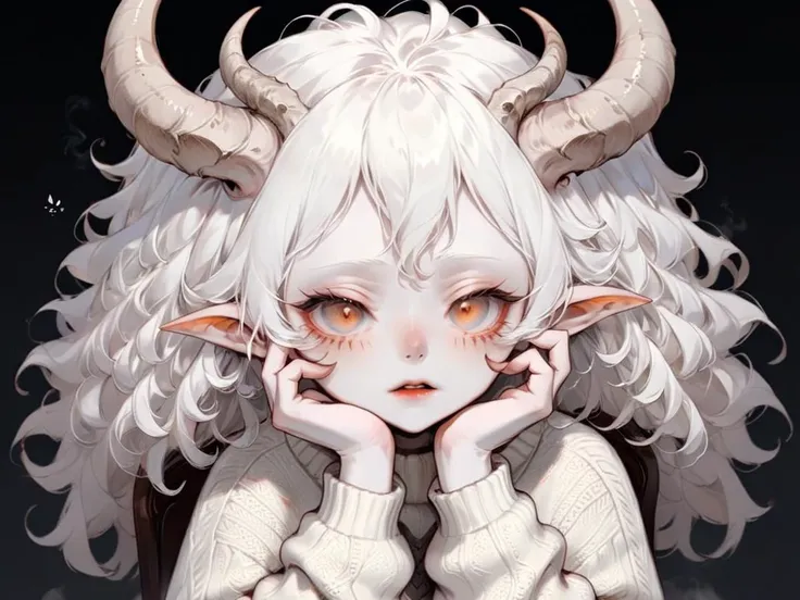 albino demon girl with lethargic sleepy smokey eyes her hands under her chin, white curls, wearing a sweater, (long intricate horns:1.2), anime <lora:pale_demon:0.8>