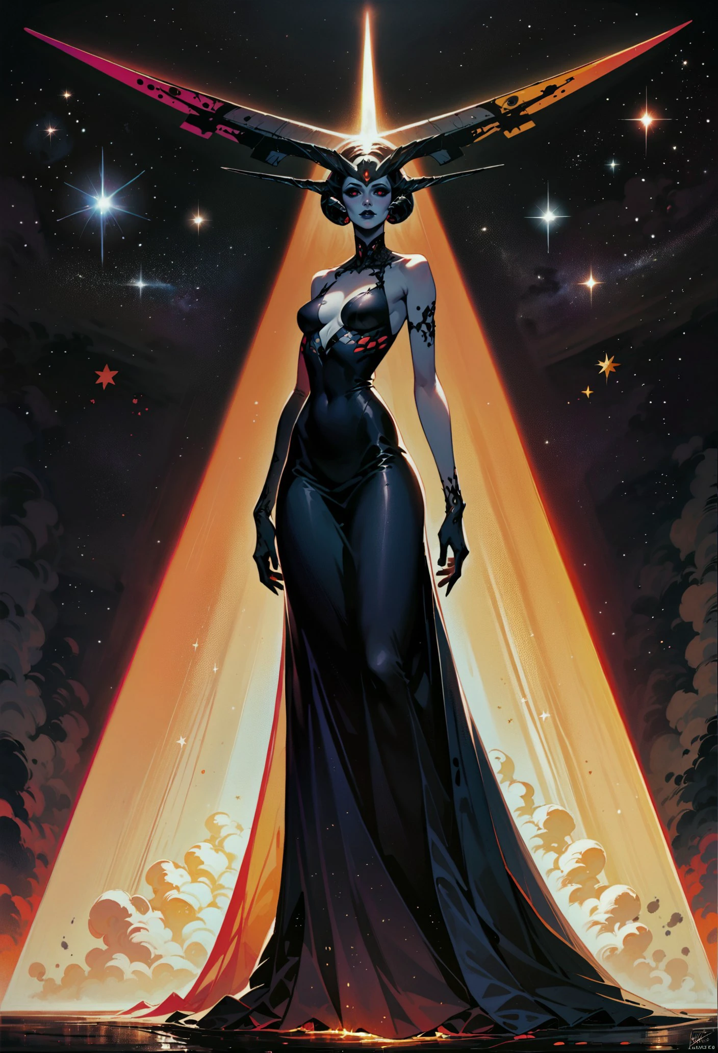 score_9, score_8_up, score_7_up, a depiction of an otherworldly goddess named io, pure porcelain skin, deep abyssal black eyes, black horns, long dress made of the stars, astral plane, dark, epic, ethereal, mystical, stars, atmospheric, beautiful, skin patterns, (flat chest:0.5) <lora:sdxl/pony_summer_days_2_style:0.8> <lora:sdxl/pale_demon:0.6>