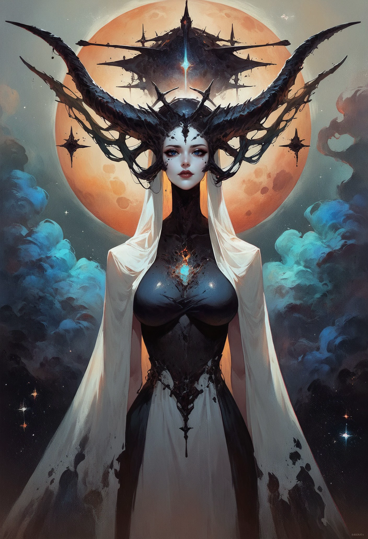 score_9, score_8_up, score_7_up, a depiction of an otherworldly goddess, upper body, pure porcelain skin, deep abyssal black eyes, black horns, long dress made of the stars, astral plane, dark, epic, ethereal, mystical, stars, atmospheric, beautiful, skin patterns <lora:sdxl/pony_twilight_style:0.8> <lora:sdxl/pale_demon:0.6>