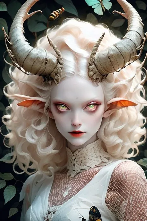 woman in a mythical forest, masterpiece, perfect face, intricate details, horror theme <lora:pale_demon:1> albino demon girl with smokey eyes, white curls , insect eyes, antenna , mesh fishnet blouse, (long intricate horns:1.2)