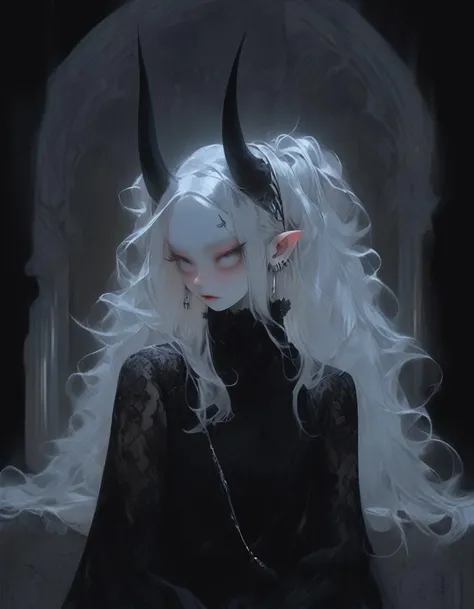 pale demon girl , (prismatic coloring, holographic vibe, chromatic:1.2) black lace blouse, gothic background, (long straight horns:1.2) <lora:pale_demon:1>, sneakers with socks,