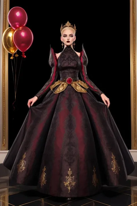 portrait, woman, platinum blonde hair, wearing HUD_Evl_Que3n_2, dress, earrings, <lora:Evil_Queens_Sister-000009:0.65> , (The City of Glas:1.2), (((Passion)), Regal Desire, Luxurious ((brocade ballgown)), Intense (ruby red) with (gold) patterns, Structured (bodice), Balloon (sleeves), (Gold) corded belt, Floor-length, Red brocade booties, Empress, Vintage updo, (Gold) and ruby headpiece.:1.1), evil, eyeliner, black lips, dark skies, lightning