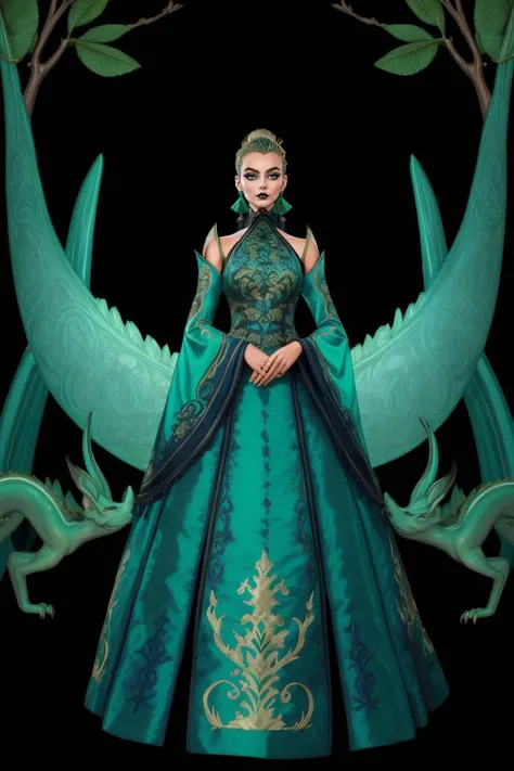 portrait, woman, platinum blonde hair, wearing HUD_Evl_Que3n_2, dress, earrings, <lora:Evil_Queens_Sister-000009:0.65> , (An enchanted forest where magical creatures and plants abound:1.2), (((Balanced)), Oriental Elegance, Smooth ((silk charmeuse ballgown)), Lush (jade green), High-neck (bodice), Kimono (sleeves), (Gold) embroidered dragons, Floor-length, Jade platform shoes, Empress, Sleek bun, Jade tassel earrings.:1.1), evil, eyeliner, black lips, dark skies, lightning