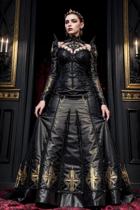 (realistic:1.3), finely detailed, quality, rembrandt lighting, (masterpiece:1.2), (photorealistic:1.2), (best quality), (detailed skin:1.3), (intricate details), dramatic, ray tracing, 1girl, french girl, 21 years old, detailed skin texture, (blush:0.5), (goosebumps:0.5), subsurface scattering, cruel angry frown, dark eyeliner, black lipstick, medium breasts, updo hair, redhead, bangs, hair between eyes, tiara, earrings, HUD_Evl_Que3n_2, collar, intricate carved (gold and red brocade gown:1.4), cowboy shot, (indoors, dark ominous gothic evil majestic royal hall:1.3), <lora:Evil_Queens_Sister-000009:0.5>