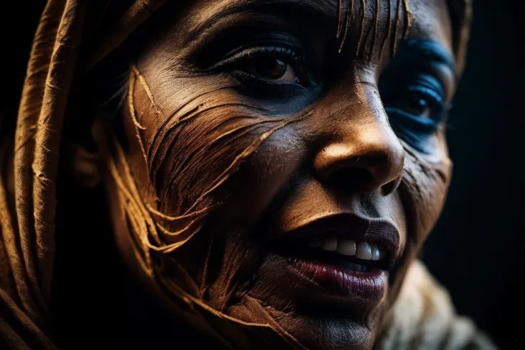 ((amazing quality, award winning, intricately detailed, ultra realistic, extremely detailed, masterpiece, film grain, 8K, superior quality)) Cinematic shot of Unraveling mummy face gazes ahead, rotten and decaying, high contrast, soft cinematic light, dramatic atmosphere, atmospheric perspective, <lora:add-detail-xl:0.6> <lora:DetailedEyes_xl_V2:0.6>
