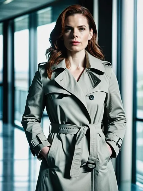professional portrait photograph of Hayley Atwell with (long auburn hair), (wearing an assassin outfit trench coat and a shirt:1.2), (standing in an office lobby:1.2), summer <lora:DetailedEyes_V3:0.8> (pores:0.5) (freckles:0.2)