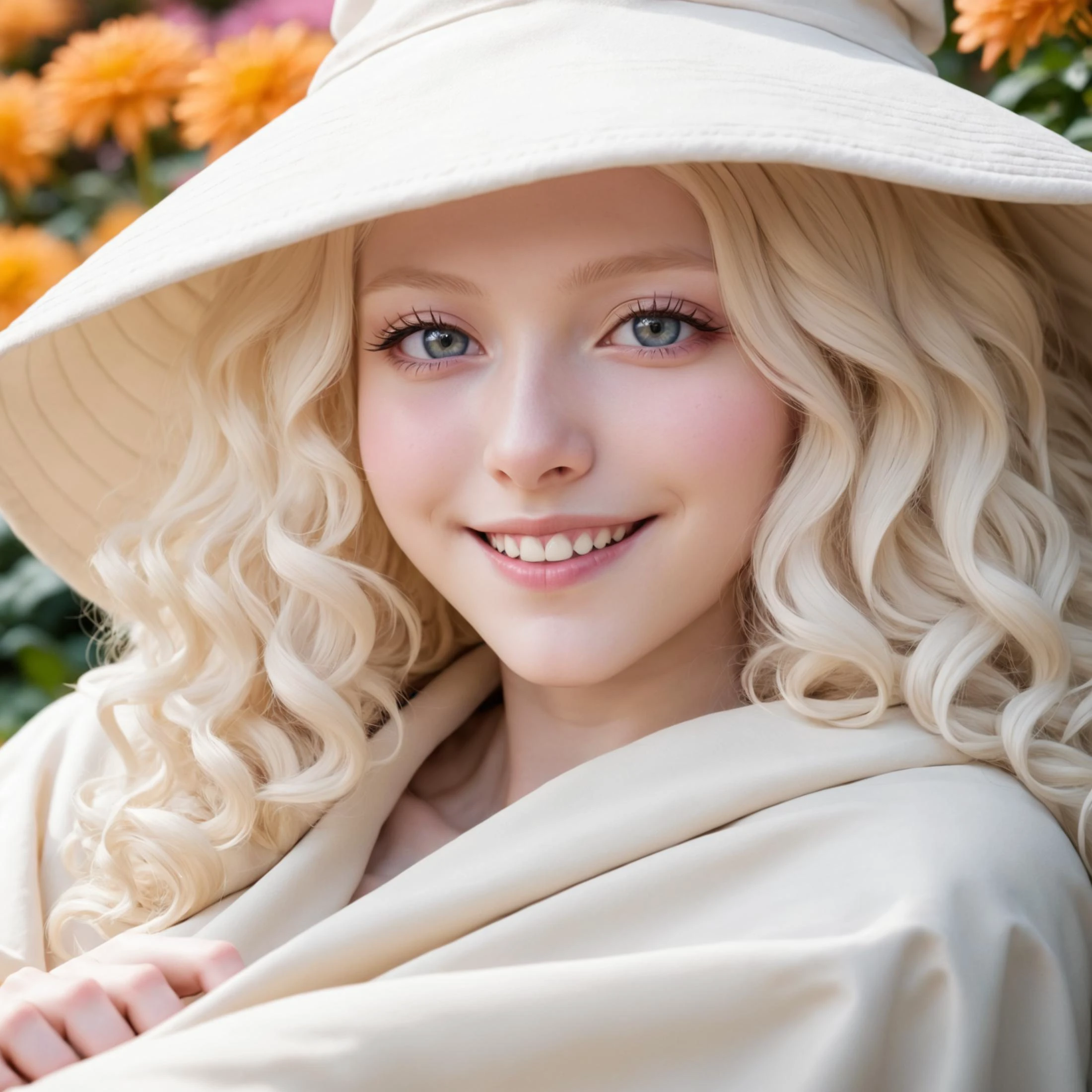 mysterious,fantasy,dark fantasy,3D rendering,anime,best quality,masterpiece,4k,very aesthetic BREAK section_anime,macro shot of a beautiful albino young woman lying in a majestic flowerbed,face_focus,<lora:RanniXLV2:0.8>,IncrsXLRanni,wavy hair,hat,cloak,<lora:add-detail-xl:0.8>,<lora:DetailedEyes_V3:0.8>,mascara,kind_smile,shy,eye_of_horus,, high resolution, extreme detail