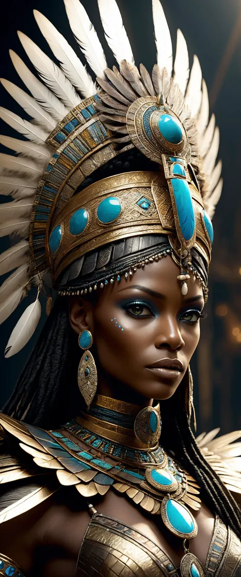 Hyperrealistic art <lora:DetailedEyes_xl_V2:0.5> <lora:add-detail-xl:1.8> photorealistic, absurdhres, extremely detailed, professional lighting, 8k wallpaper, highly detailed face and eyes, (detailed skin and pores)
A glamorous (full body shot, wide angle:1.6) photo of a female african warlord with an eloborate feather and jewell headress . Extremely high-resolution details, photographic, realism pushed to extreme, fine texture, incredibly lifelike