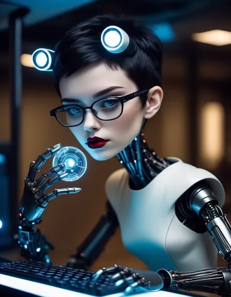 (Hyperreal:1.4),
(full body shot:1.65) raw photo, side angle shot, cute mousy girl with black hair in a pixie cut,wire glasses,dark pleated skirt and white silk blouse, bionic robot hand, alabaster skin, pale skin, lipstick, hacker girl, working on a cyberpunk computer,cinematic, detailed eyes, <lora:DetailedEyes_xl_V2:0.8>