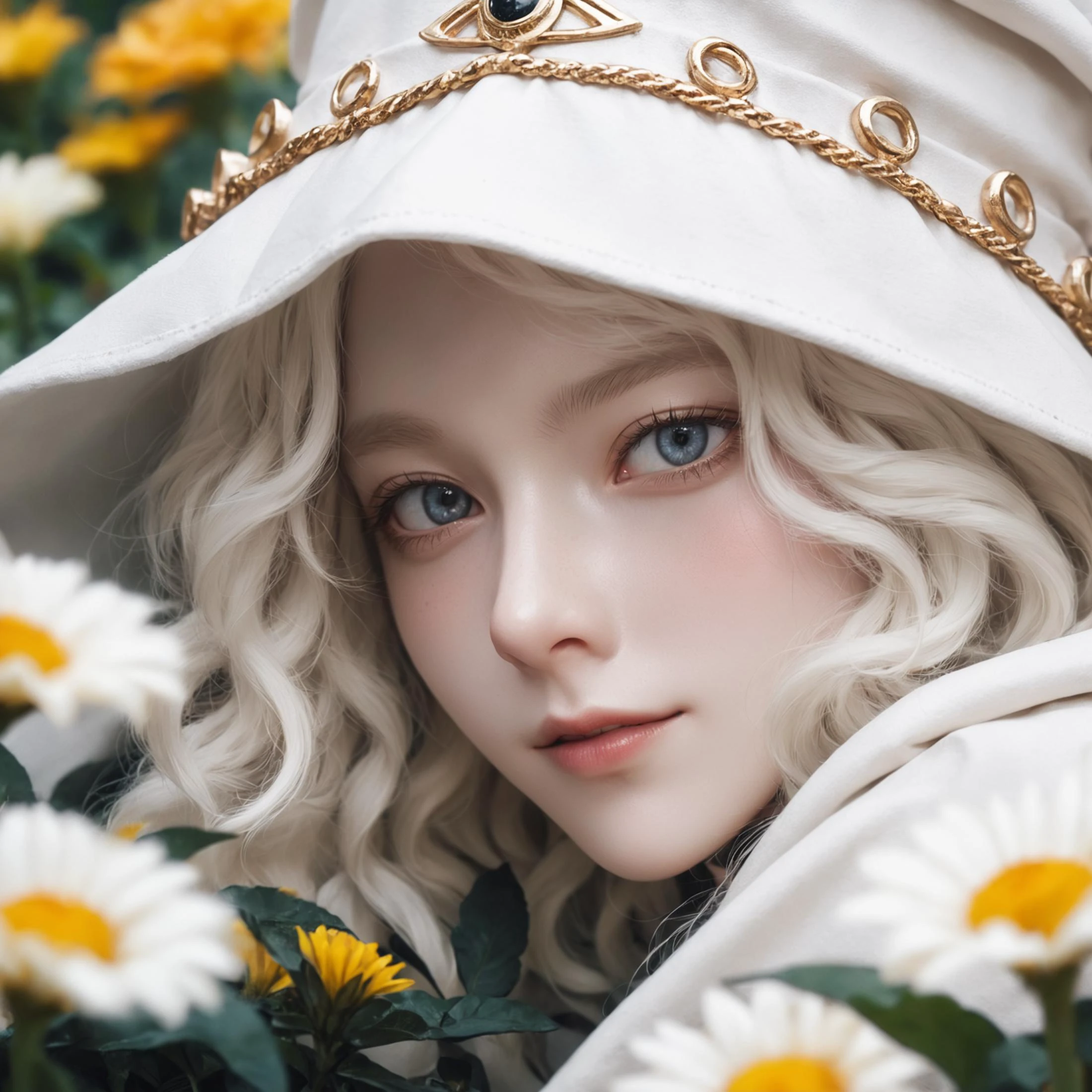 mysterious,fantasy,dark fantasy,3D rendering,anime,best quality,masterpiece,4k,very aesthetic BREAK section_anime,macro shot of a beautiful albino young woman lying in a majestic flowerbed,face_focus,<lora:RanniXLV2:0.8>,IncrsXLRanni,wavy hair,hat,cloak,<lora:add-detail-xl:0.8>,<lora:DetailedEyes_V3:0.8>,mascara,kind_smile,shy,eye_of_horus,, high resolution, extreme detail